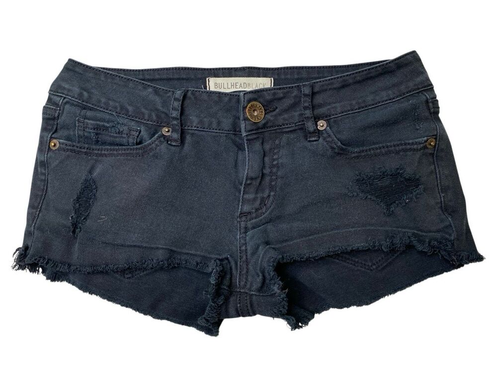 Bullhead Black Distressed Denim Cut Off Shorts Frayed Stretch Low Rise Festival